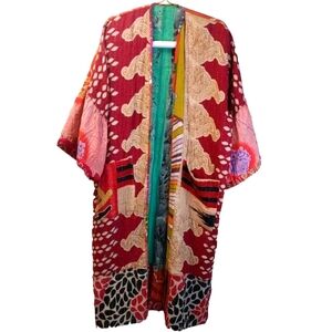 Kantha Patchwork Kimono Jacket Reversible Colorful Boho Patch Pockets Woman O/S